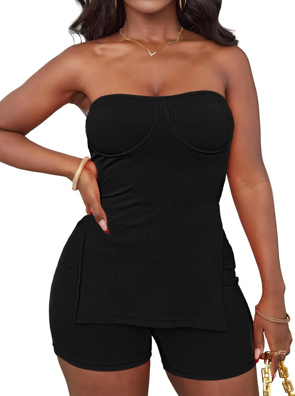 LovelyWholesale Shorts Sets Women Two Piece Outfits Split Ribbed Tube Tops and Shorts Matching Sets