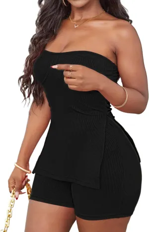LovelyWholesale Shorts Sets Women Two Piece Outfits Split Ribbed Tube Tops and Shorts Matching Sets