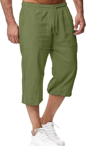LVCBL Mens Linen Shorts Men Casual Capri Pant Summer Beach Yoga Shorts with Pockets