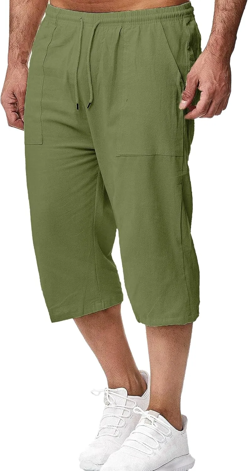 LVCBL Mens Linen Shorts Men Casual Capri Pant Summer Beach Yoga Shorts with Pockets