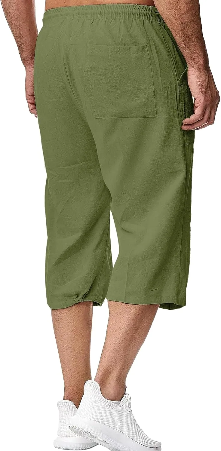 LVCBL Mens Linen Shorts Men Casual Capri Pant Summer Beach Yoga Shorts with Pockets