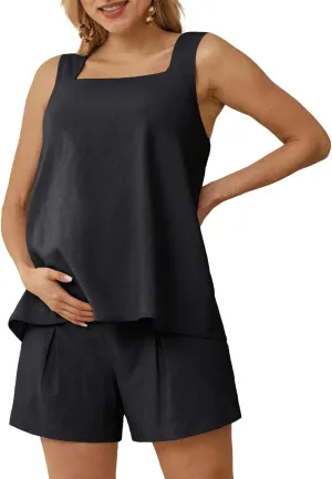 Maacie Maternity 2 Pieces Outfits Summer Linen Shorts Sets Tank Tops Wide Legs Shorts with Pockets
