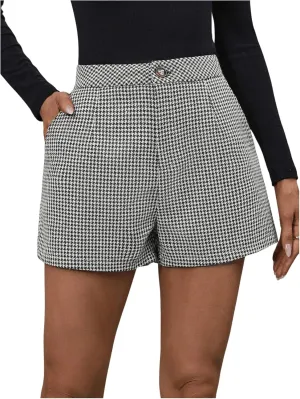 MakeMeChic Women's Elegant Plaid Shorts High Waisted Zipper Wide Leg Mini Dressy Work Office Casual Shorts