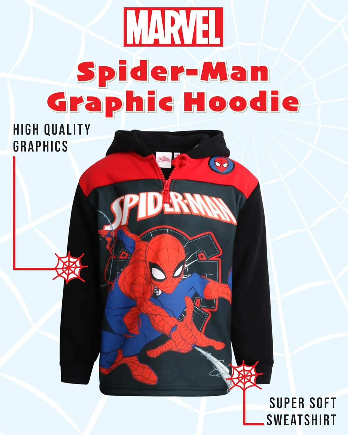 Marvel Boys' Spiderman Sweatshirt - Captain America, Iron Man, Hulk and Panther Quarter Zip Fleece Graphic Hoodie (2T-16)