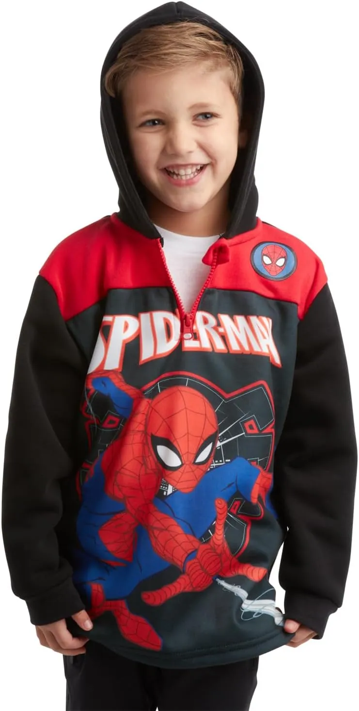 Marvel Boys' Spiderman Sweatshirt - Captain America, Iron Man, Hulk and Panther Quarter Zip Fleece Graphic Hoodie (2T-16)