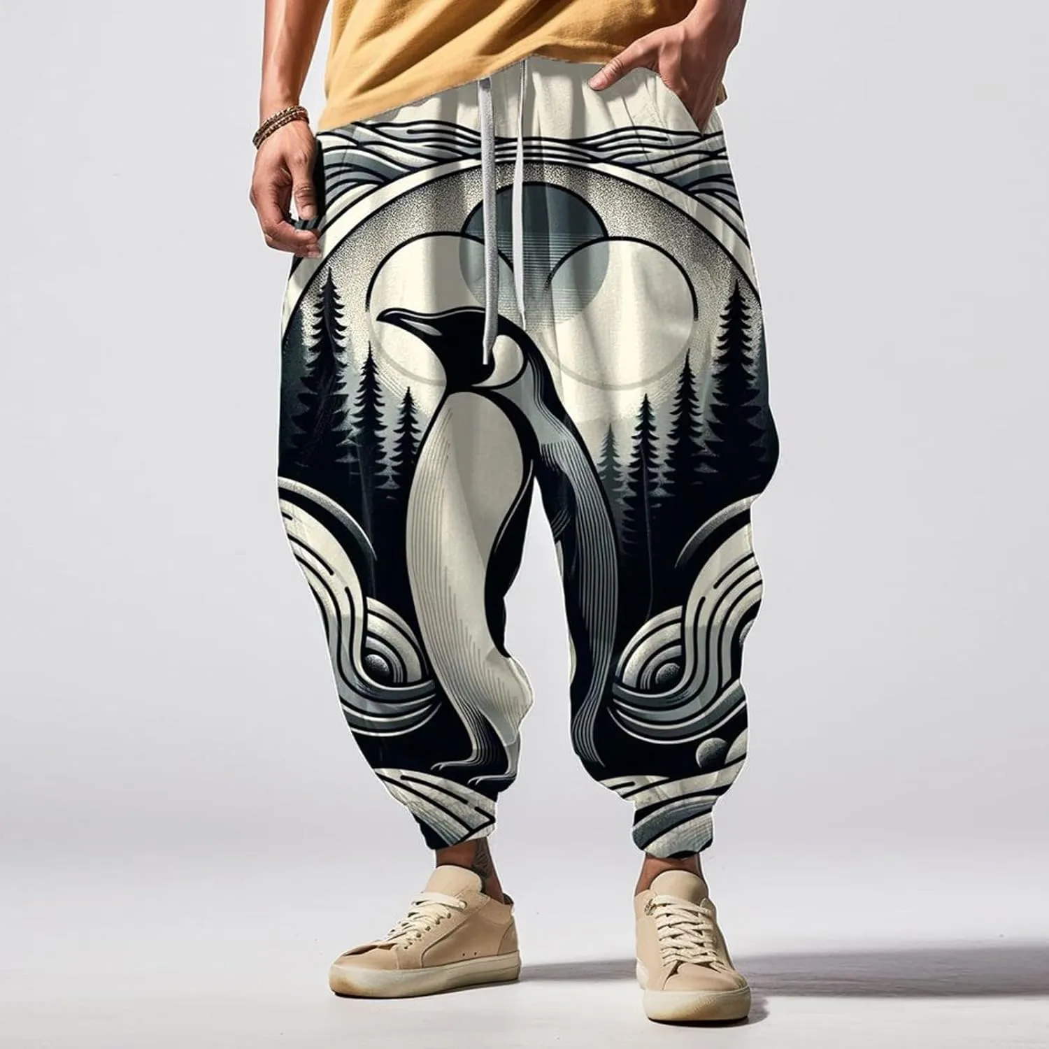 Mens Casual Joggers Pants Men's Autumn Fun Print Fashion Street Feel Baggy Hippie Elastic Waist Drop Crotch Trousers