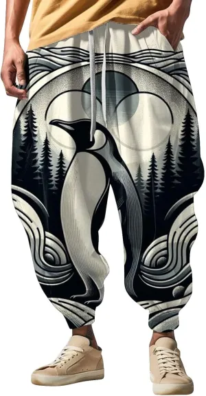 Mens Casual Joggers Pants Men's Autumn Fun Print Fashion Street Feel Baggy Hippie Elastic Waist Drop Crotch Trousers
