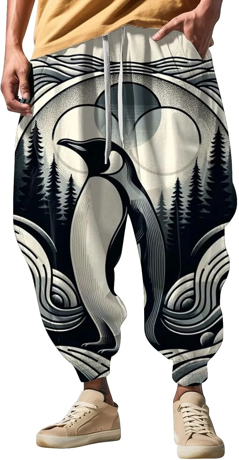 Mens Casual Joggers Pants Men's Autumn Fun Print Fashion Street Feel Baggy Hippie Elastic Waist Drop Crotch Trousers