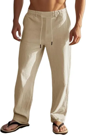 Mens Casual Linen Lightweight Elastic Waist Drawstring Summer Beach Trousers Pants