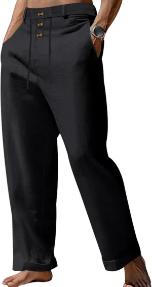 Mens Casual Linen Loose Fit Elastic Drawstring Lightweight Straight Legs Summer Beach Yoga Long Trousers Pants