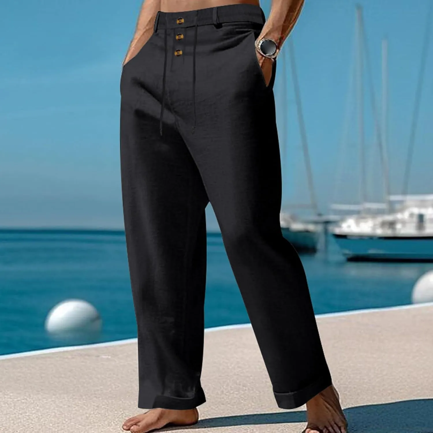 Mens Casual Linen Loose Fit Elastic Drawstring Lightweight Straight Legs Summer Beach Yoga Long Trousers Pants