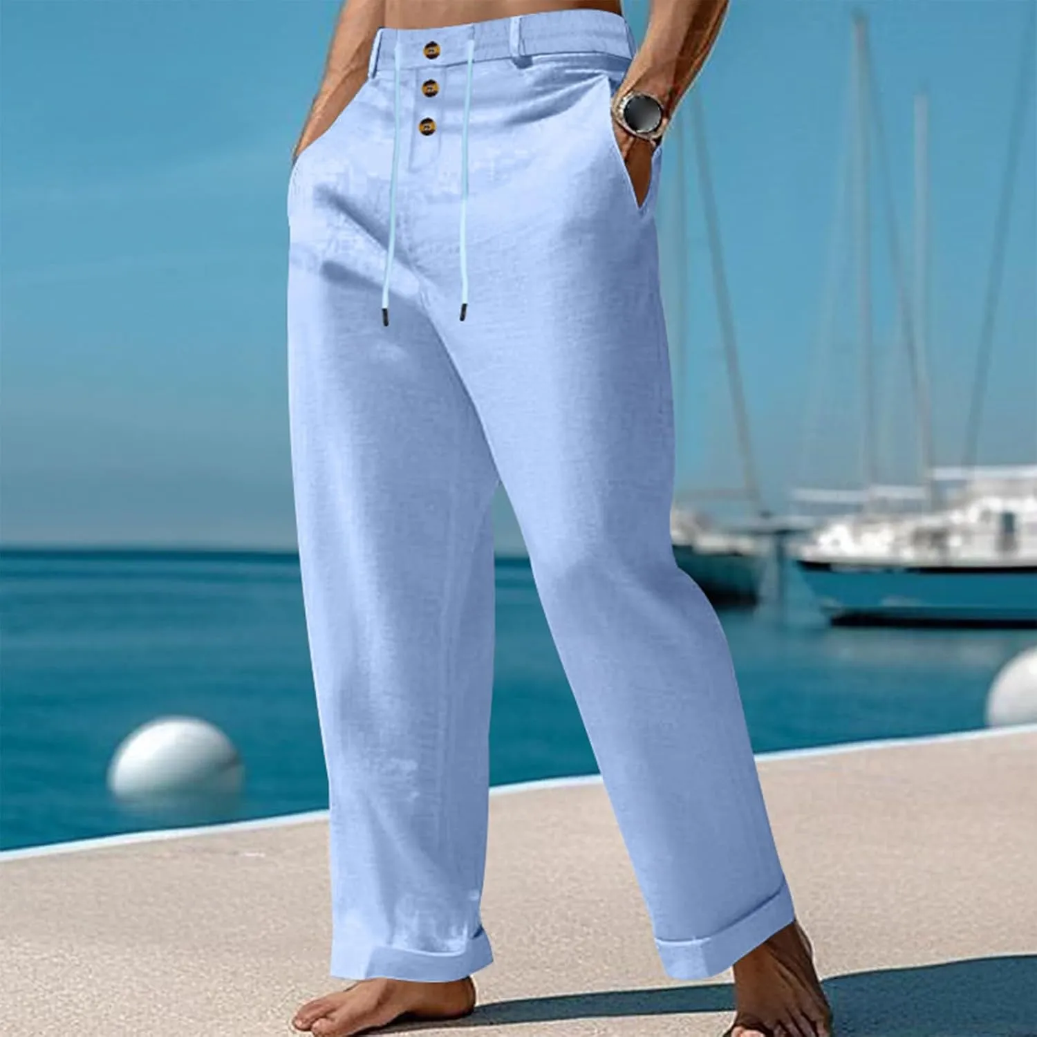 Mens Casual Linen Loose Fit Elastic Drawstring Lightweight Straight Legs Summer Beach Yoga Long Trousers Pants