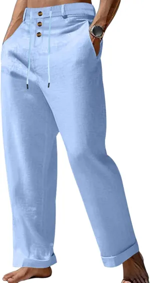 Mens Casual Linen Loose Fit Elastic Drawstring Lightweight Straight Legs Summer Beach Yoga Long Trousers Pants