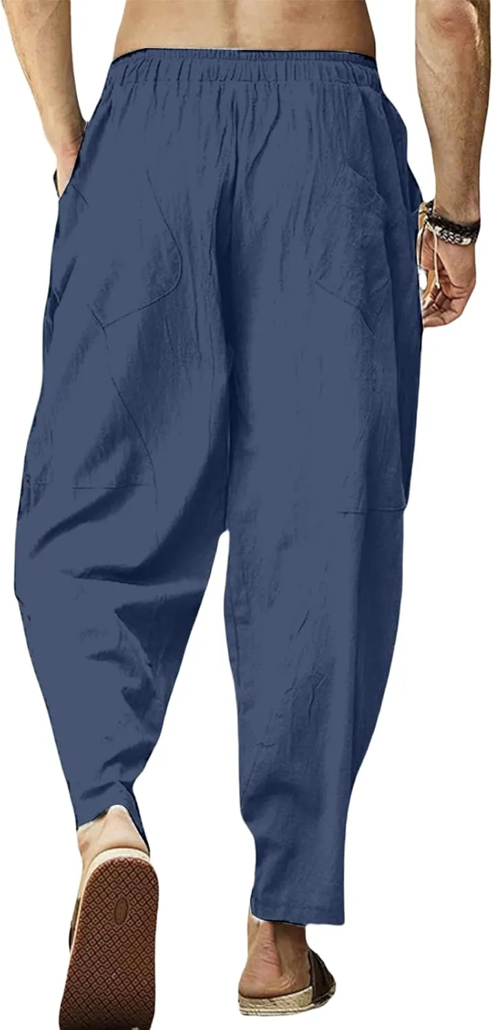 Men's Cotton Linen Casual Hip-Hop Pants Elastic Waist Drawstring Lightweight Pans Loose Fit Summer Beach Yoga Trousers