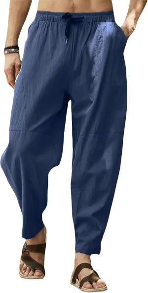 Men's Cotton Linen Casual Hip-Hop Pants Elastic Waist Drawstring Lightweight Pans Loose Fit Summer Beach Yoga Trousers