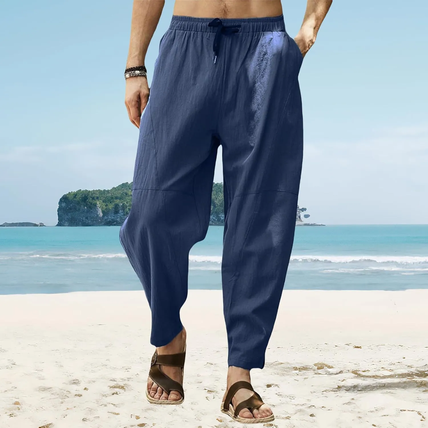 Men's Cotton Linen Casual Hip-Hop Pants Elastic Waist Drawstring Lightweight Pans Loose Fit Summer Beach Yoga Trousers