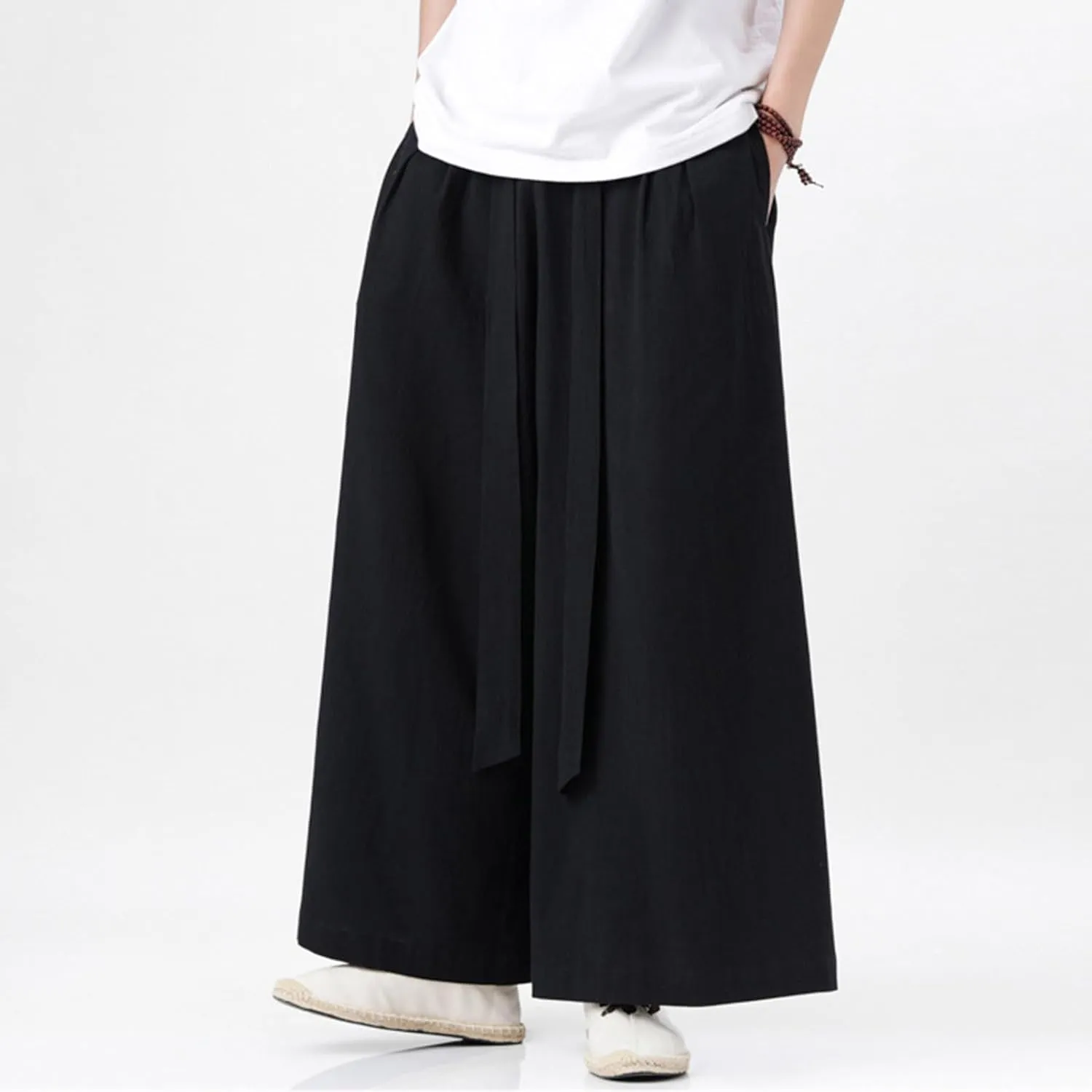 Men's Cotton Linen Harem Pants Linen Japanese Breathable Hip Hop Baggy Skirt Pants Capri Pant