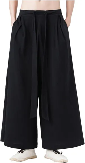 Men's Cotton Linen Harem Pants Linen Japanese Breathable Hip Hop Baggy Skirt Pants Capri Pant