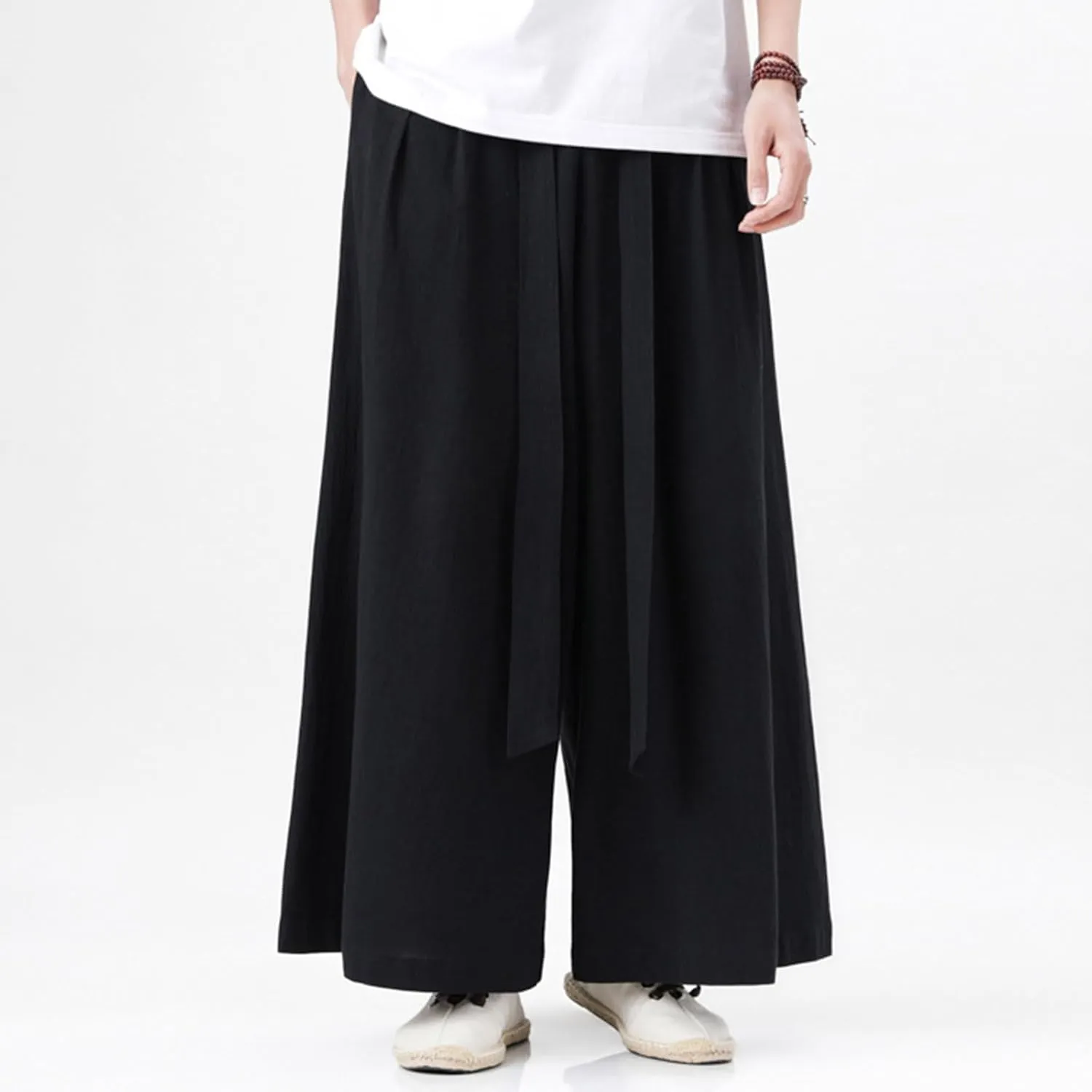 Men's Cotton Linen Harem Pants Linen Japanese Breathable Hip Hop Baggy Skirt Pants Capri Pant
