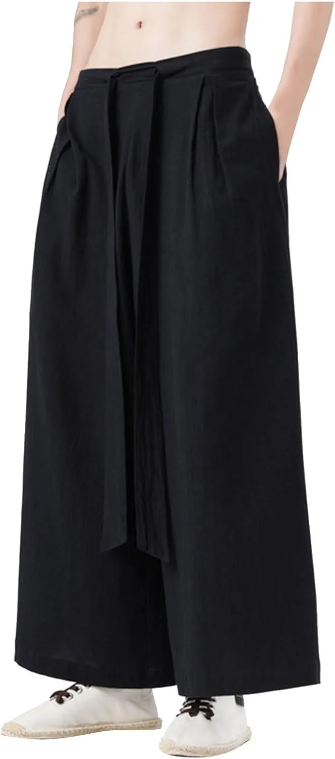 Men's Cotton Linen Harem Pants Linen Japanese Breathable Hip Hop Baggy Skirt Pants Capri Pant