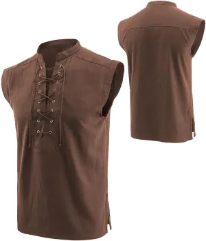 Men's Cotton Linen Tank Top Shirt Pirate Renaissance Costume Sleeveless Lace Up Vest Medieval Gothic Viking Tee Tunic