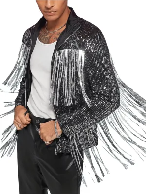 Men's Fringe Trim Jackets Zip Up Long Sleeve Sequin Regular Fit Spring Fall Coats