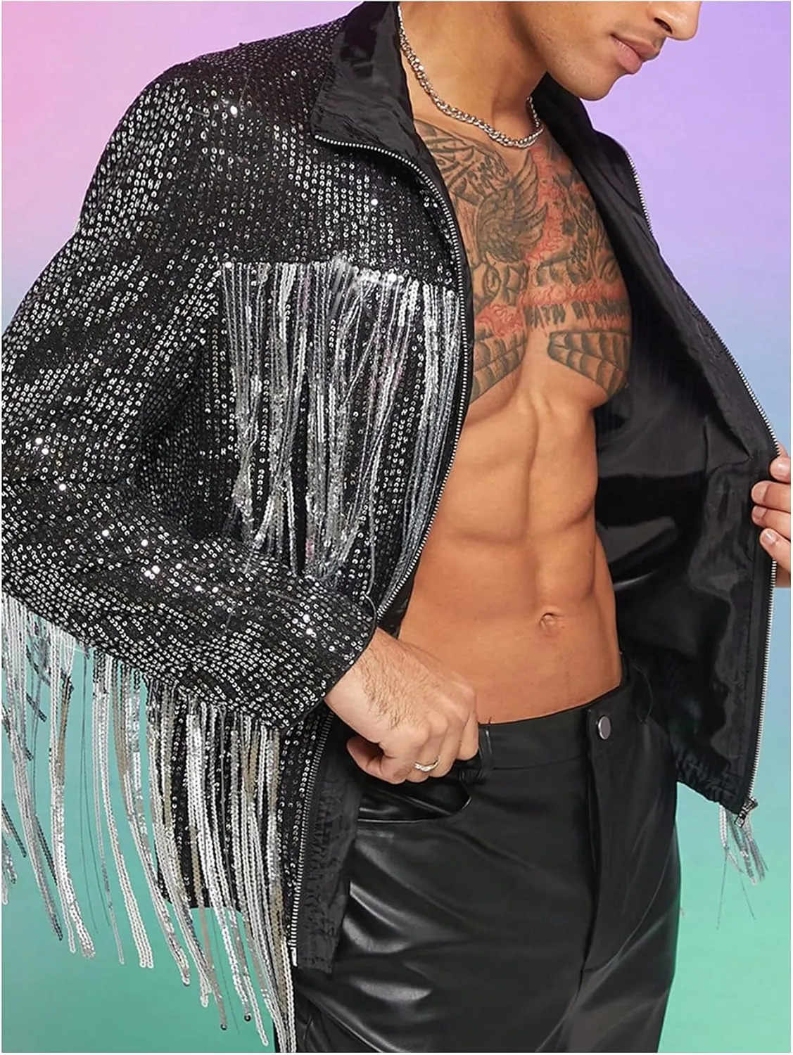Men's Fringe Trim Jackets Zip Up Long Sleeve Sequin Regular Fit Spring Fall Coats