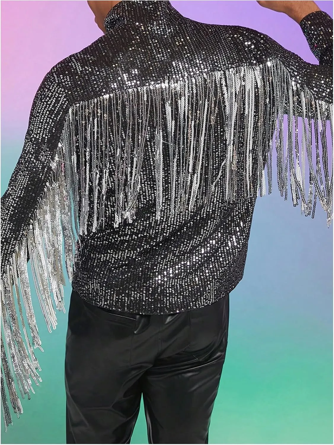 Men's Fringe Trim Jackets Zip Up Long Sleeve Sequin Regular Fit Spring Fall Coats