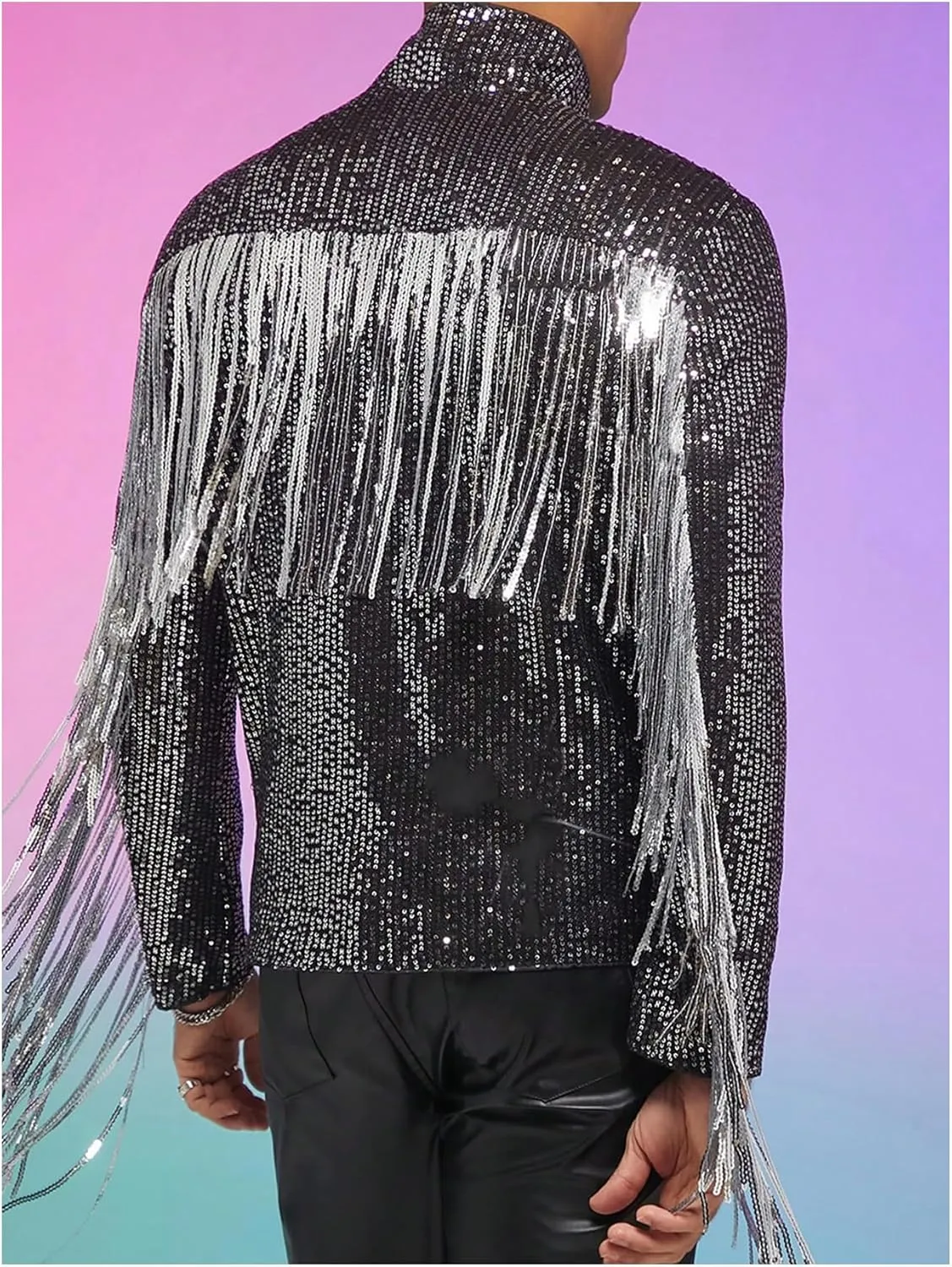 Men's Fringe Trim Jackets Zip Up Long Sleeve Sequin Regular Fit Spring Fall Coats