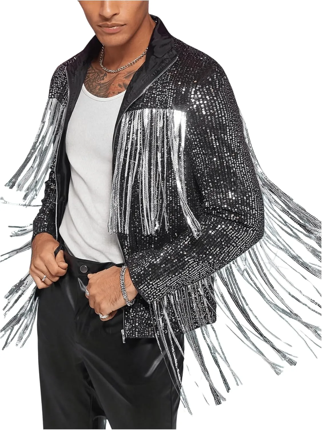 Men's Fringe Trim Jackets Zip Up Long Sleeve Sequin Regular Fit Spring Fall Coats