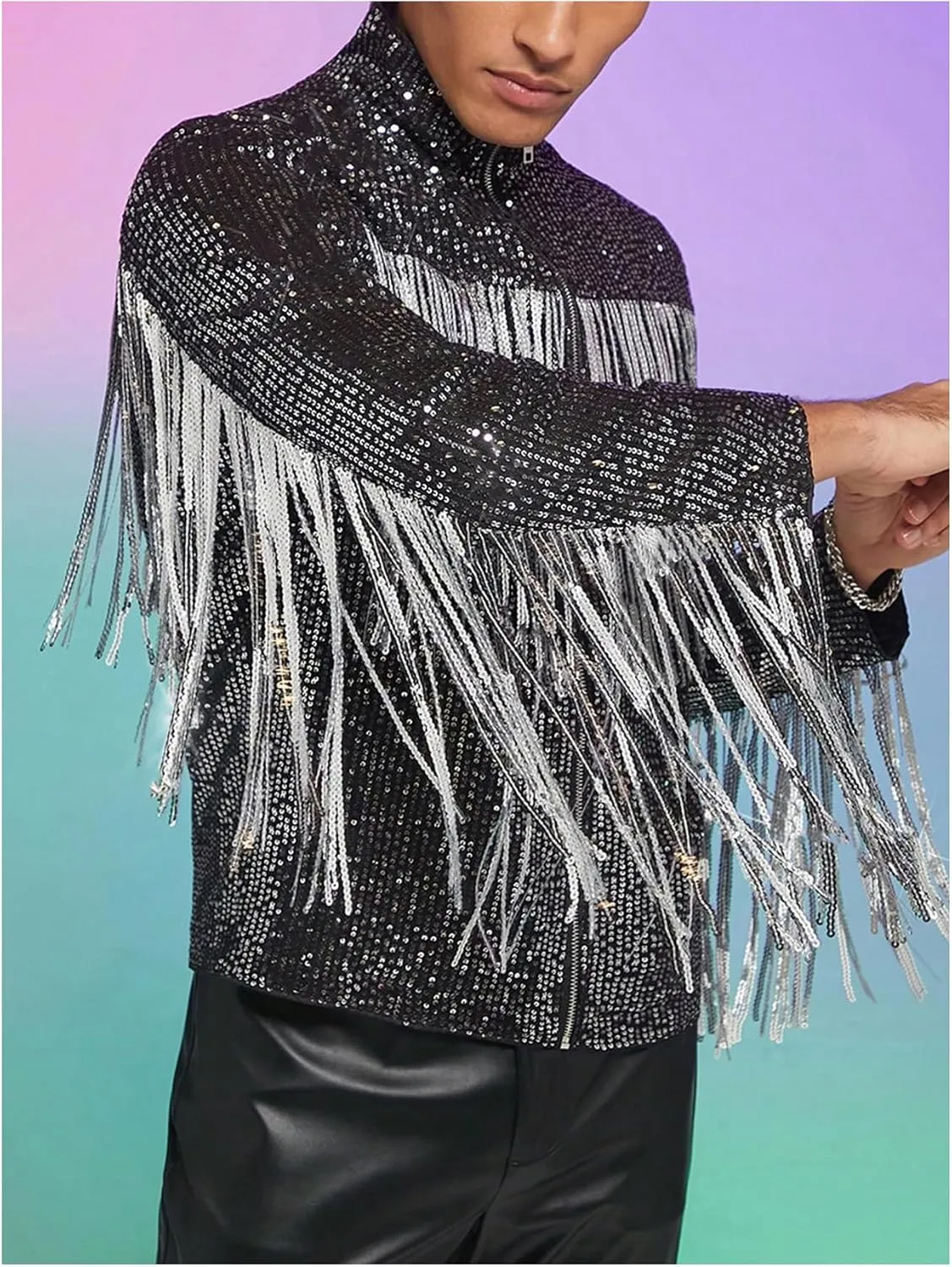 Men's Fringe Trim Jackets Zip Up Long Sleeve Sequin Regular Fit Spring Fall Coats
