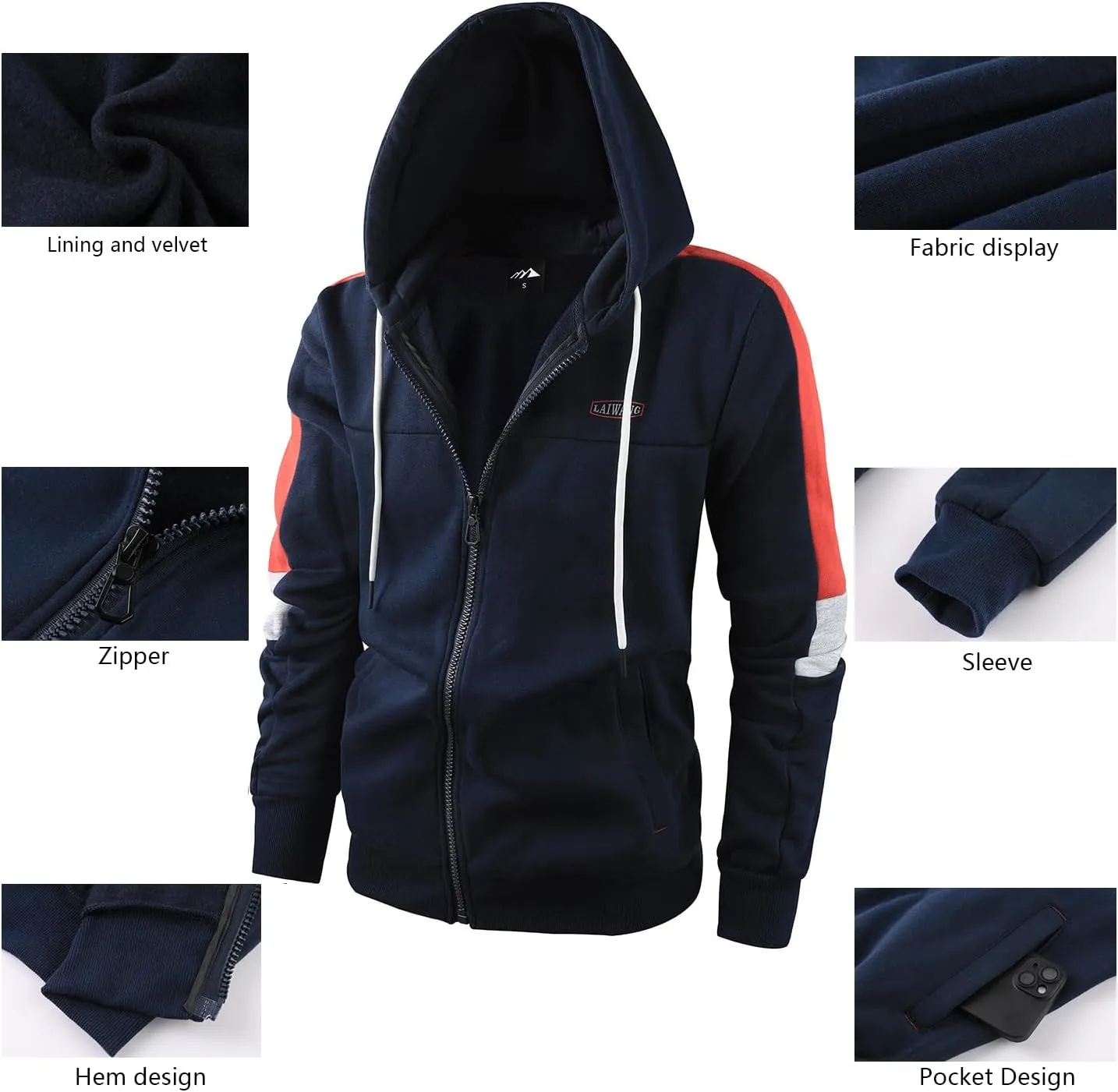 Men's Full Zip Fleece Hoodie zippered Color Block hooded slim Fit Long Sleeve Lightweight Sweatshirt