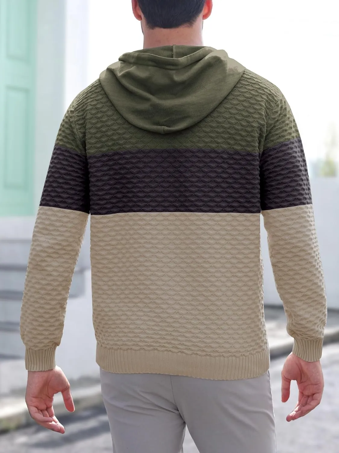 Mens Hooded Sweatshirt Casual Long Sleeve Drawstring Solid Knitted Hoodie Pullover Sweater