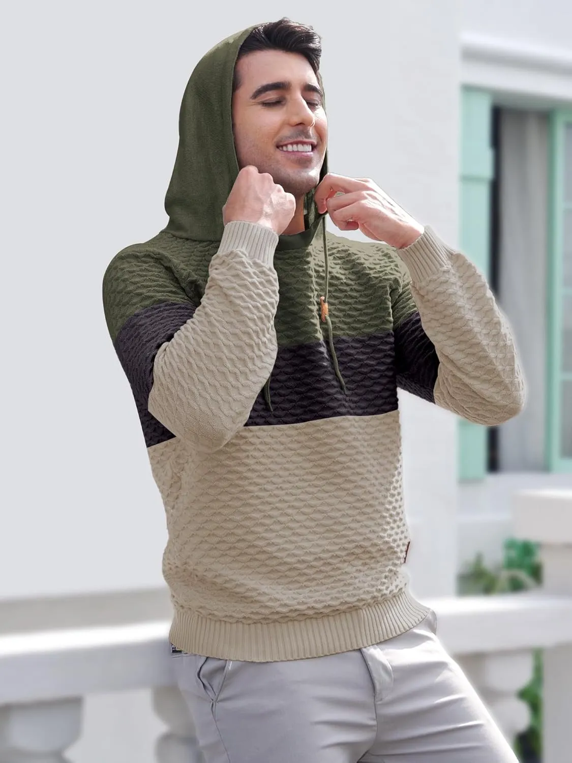 Mens Hooded Sweatshirt Casual Long Sleeve Drawstring Solid Knitted Hoodie Pullover Sweater