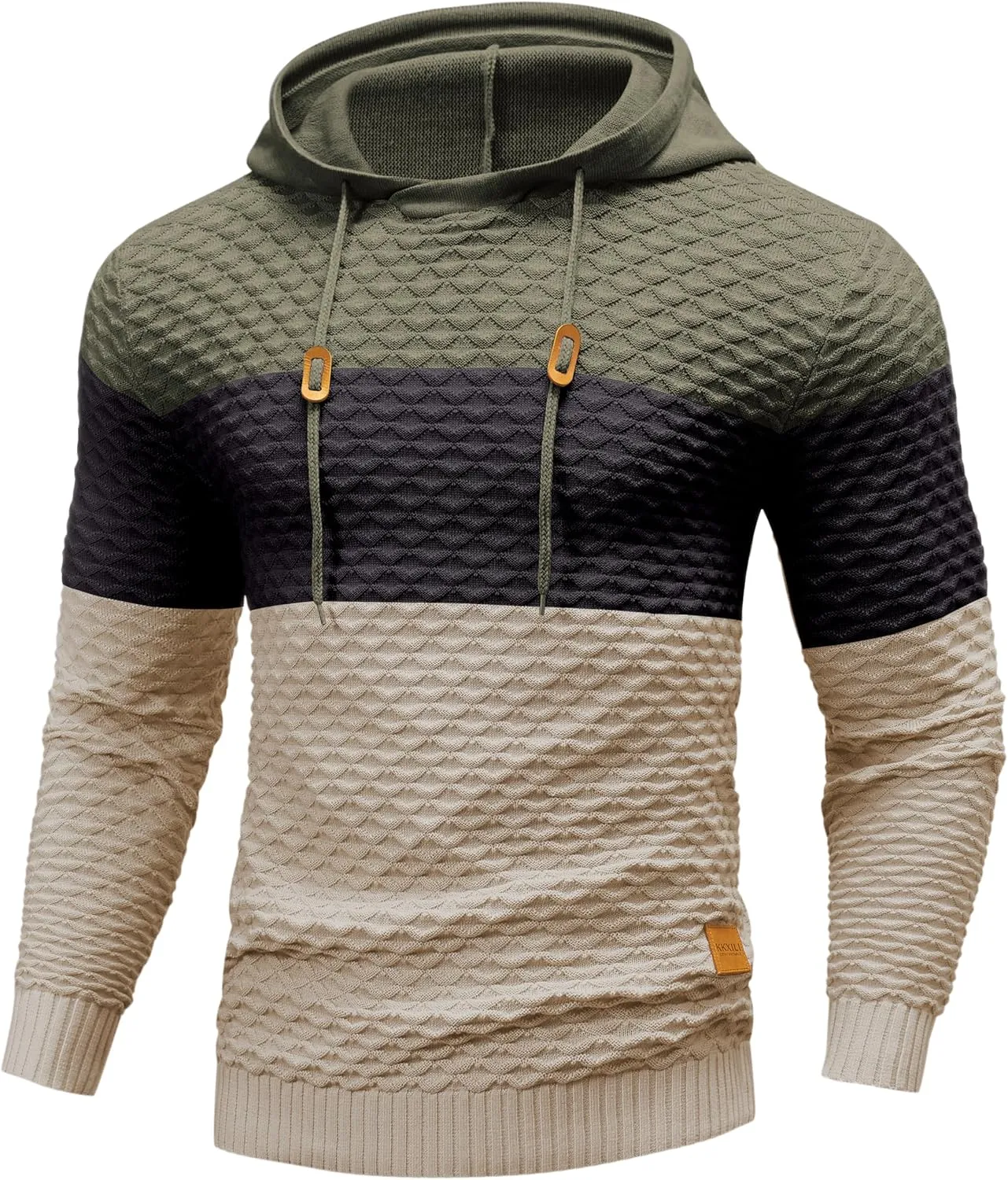 Mens Hooded Sweatshirt Casual Long Sleeve Drawstring Solid Knitted Hoodie Pullover Sweater