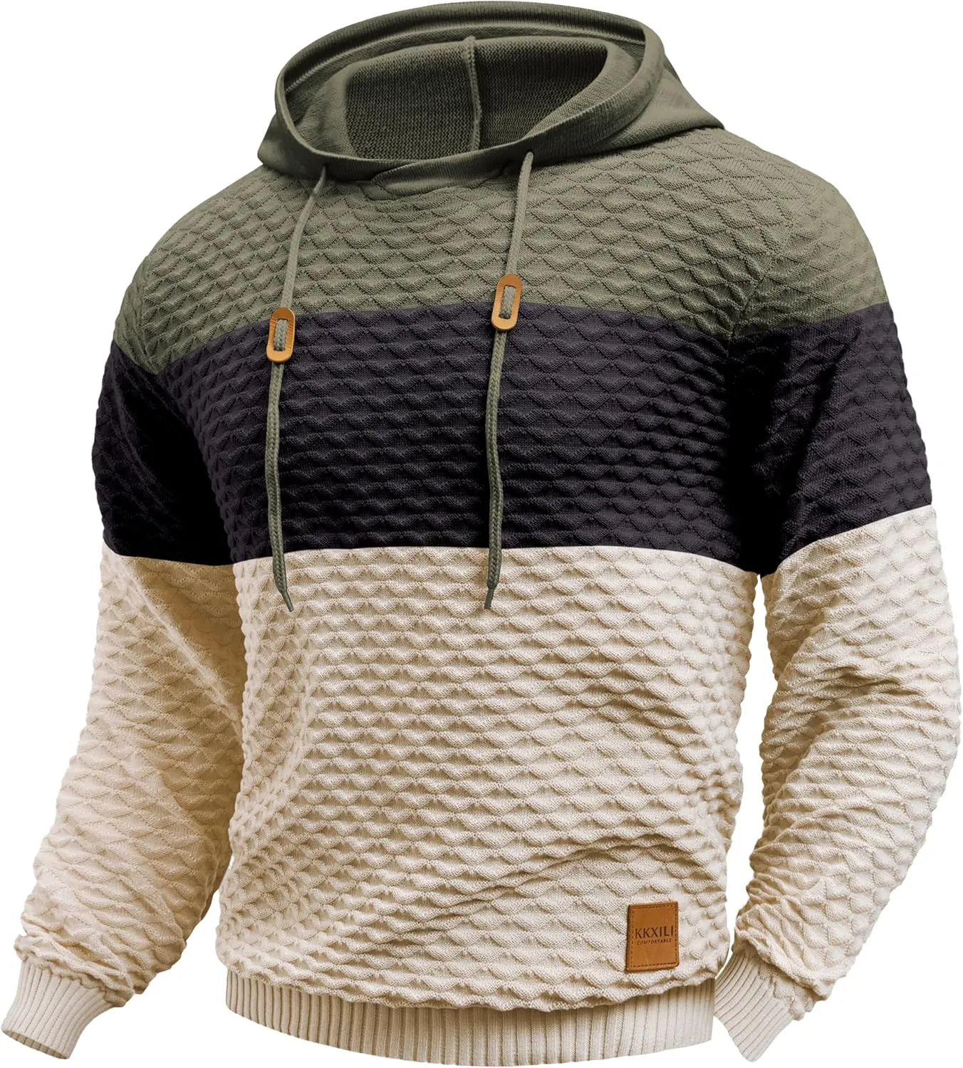 Mens Hooded Sweatshirt Casual Long Sleeve Drawstring Solid Knitted Hoodie Pullover Sweater