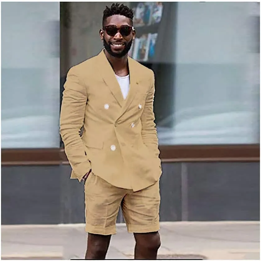 Mens Linen Cotton Shorts Suit Casual Grooms Beach Wedding Slim Fit Tuxedo Suit Blazer & Shorts Set