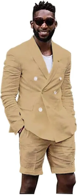 Mens Linen Cotton Shorts Suit Casual Grooms Beach Wedding Slim Fit Tuxedo Suit Blazer & Shorts Set