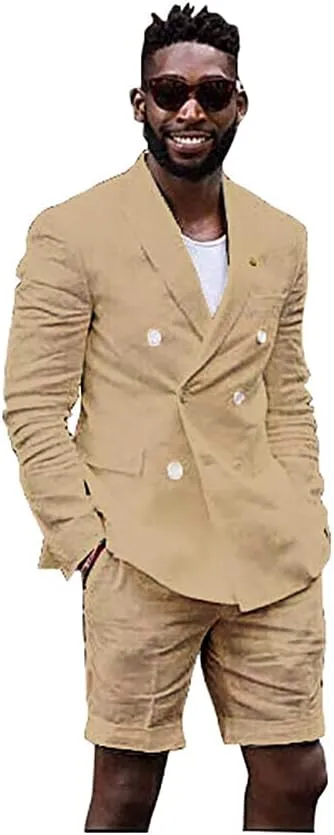 Mens Linen Cotton Shorts Suit Casual Grooms Beach Wedding Slim Fit Tuxedo Suit Blazer & Shorts Set