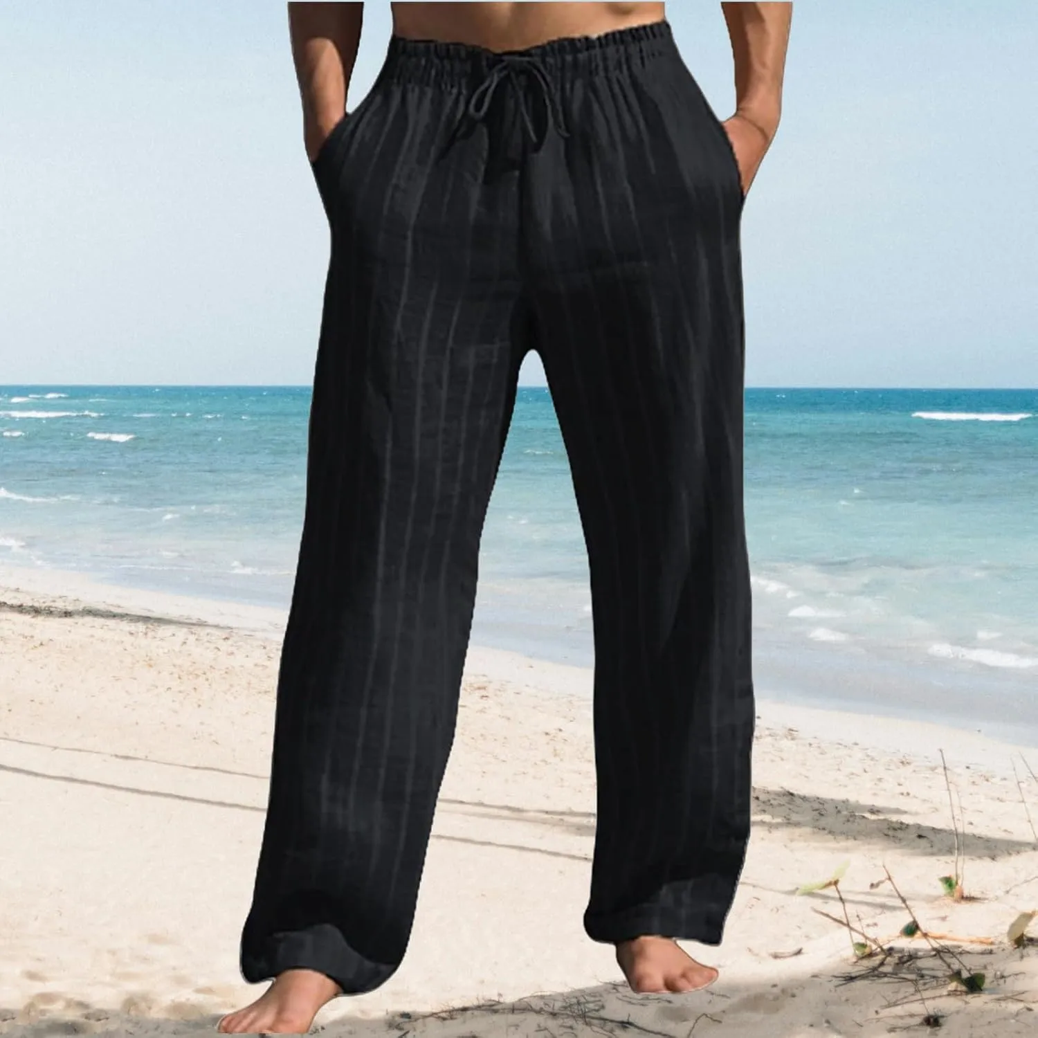 Mens Linen Loose Fit Boho Elastic Drawstring Waist Casual Summer Beach Yoga Travel Baggy Work Pajama Trousers Pants