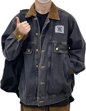 Men's Vintage Relaxed Trucker Denim Jacket Button Down Jeans Coat Unisex Harajuku Hip Hop Y2k Aesthetic Streetwear
