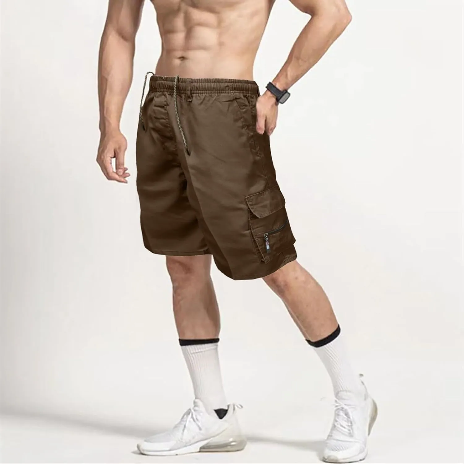 Men's Zipper Pockets Hiking Athletic Running Shorts, Multi Pocket Lightweight Quick Dry Elastic Waist Workout Shorts
