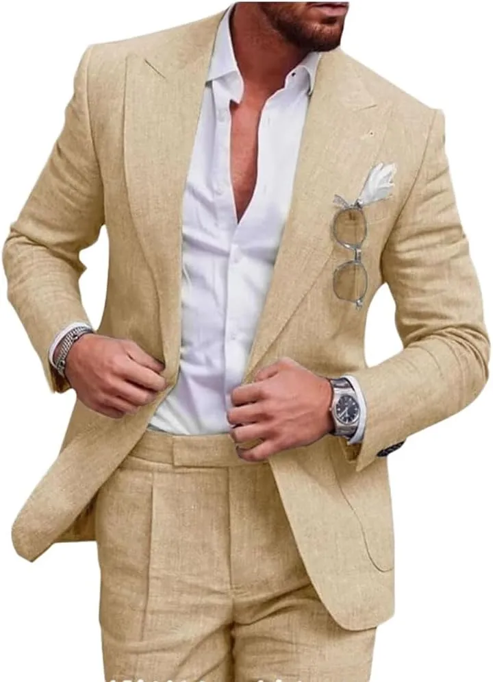 Mi Bo Tong Mens Linen Suits 2 PC Summer Beach Wedding Tuxedos Single Breasted Prom Suit Jacket Pants Set