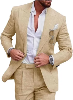 Mi Bo Tong Mens Linen Suits 2 PC Summer Beach Wedding Tuxedos Single Breasted Prom Suit Jacket Pants Set
