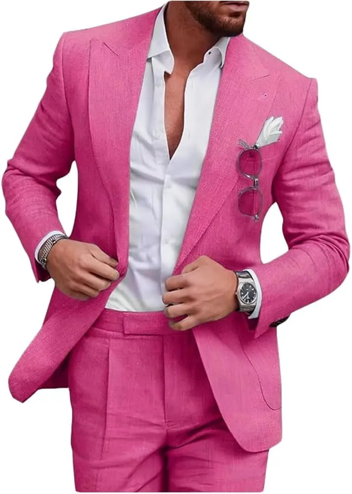 Mi Bo Tong Mens Linen Suits 2 PC Summer Beach Wedding Tuxedos Single Breasted Prom Suit Jacket Pants Set