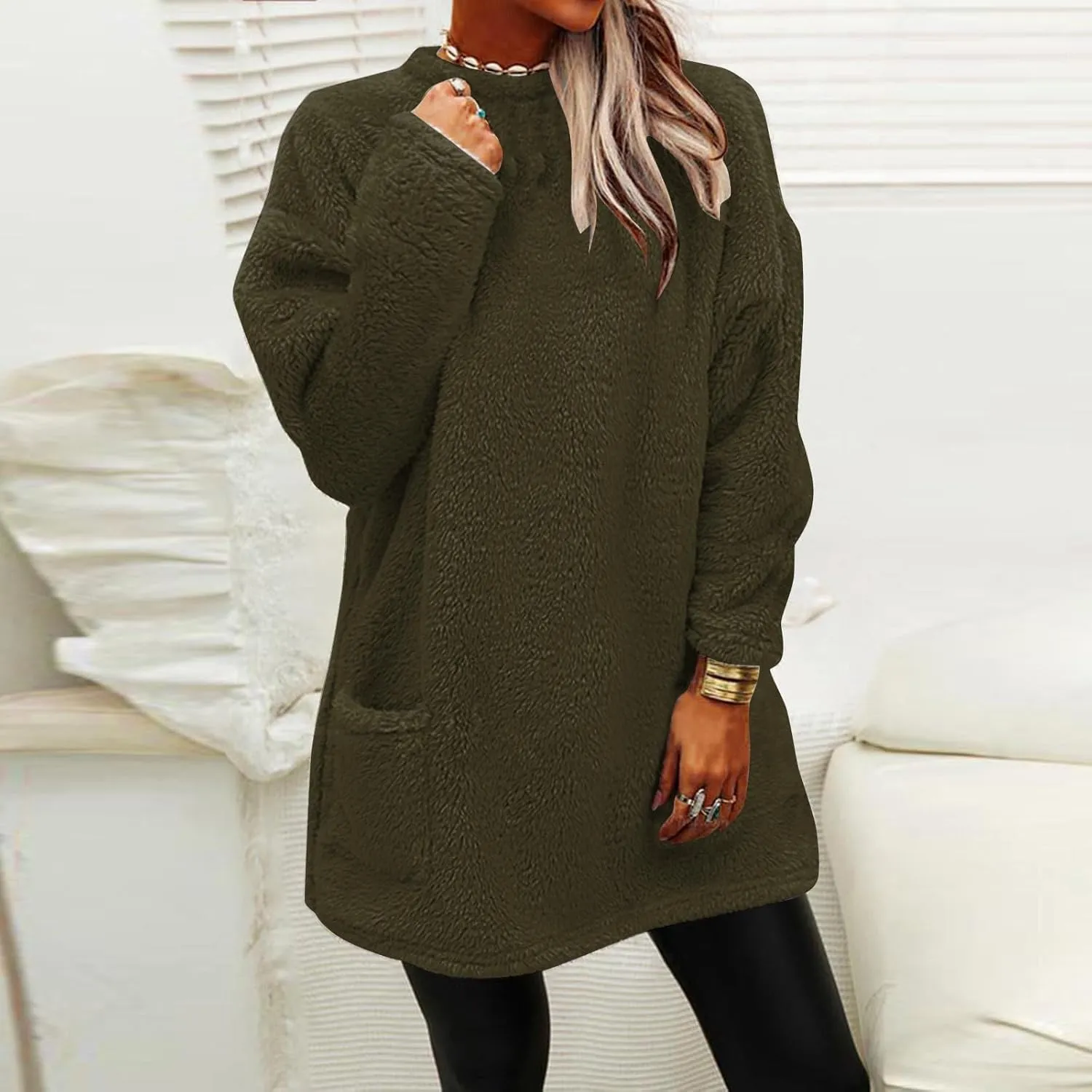 midelxp 2024 Soft Sherpa Pullover Womens Oversized Fuzzy Fleece Crewneck Sweatshirts Winter Faux Fur Loungewear with Pockets