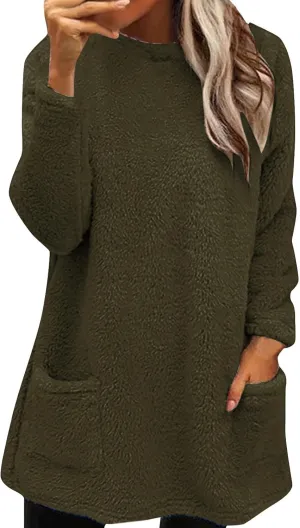 midelxp 2024 Soft Sherpa Pullover Womens Oversized Fuzzy Fleece Crewneck Sweatshirts Winter Faux Fur Loungewear with Pockets