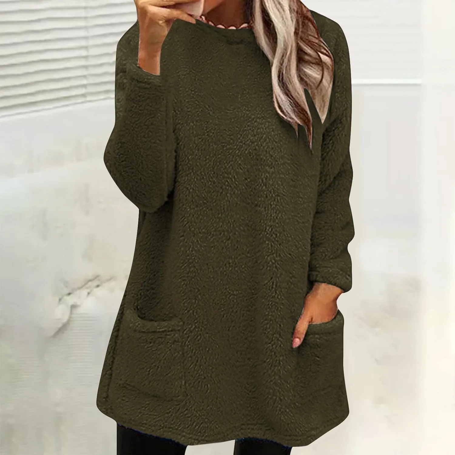 midelxp 2024 Soft Sherpa Pullover Womens Oversized Fuzzy Fleece Crewneck Sweatshirts Winter Faux Fur Loungewear with Pockets