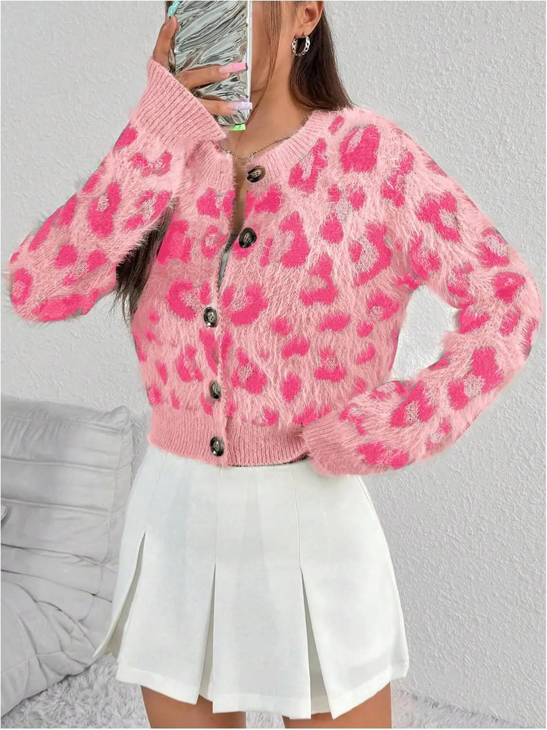 Milumia Women's Fuzzy Leopard Print Sweater Long Sleeve Button Up Knit Cardigans