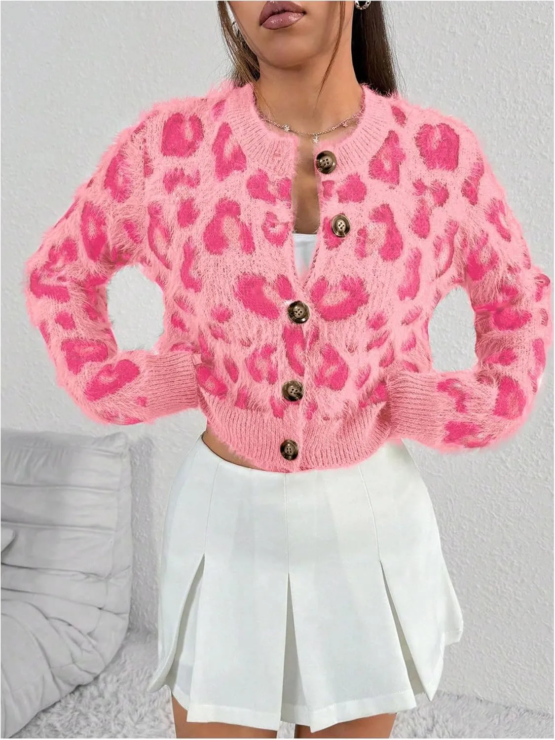 Milumia Women's Fuzzy Leopard Print Sweater Long Sleeve Button Up Knit Cardigans